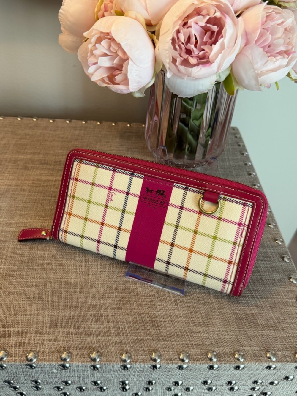 Coach Poppy Pink Plaid Zip-Around Wallet with Multicolor Checked Pattern - Picture 14 of 15